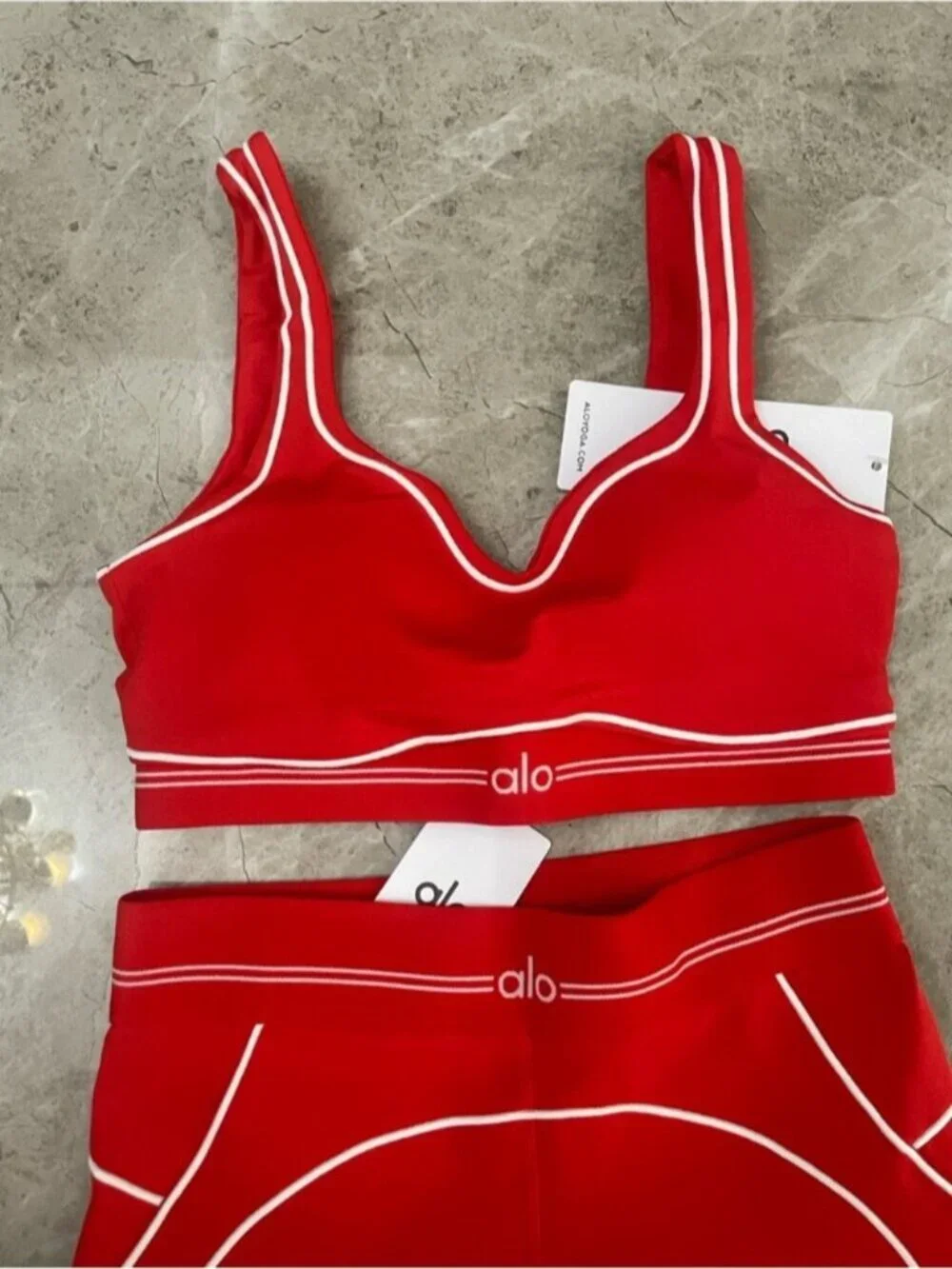 ALO Yoga Red Sports Bra and High-Waist Leggings Set with White Trim